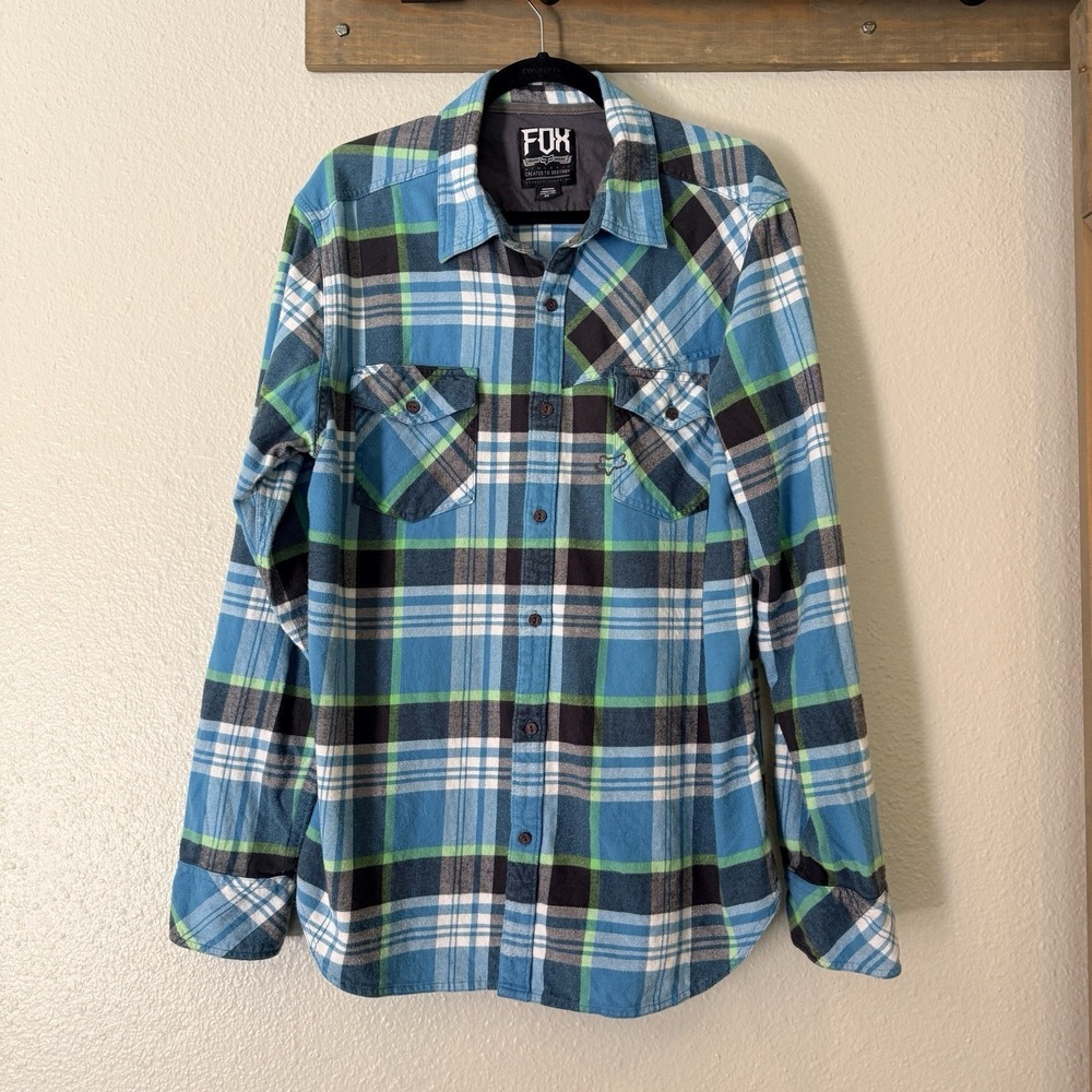 Fox Racing Men's XL Plaid Button Front Flannel Shirt Blue Green Cotton Logo